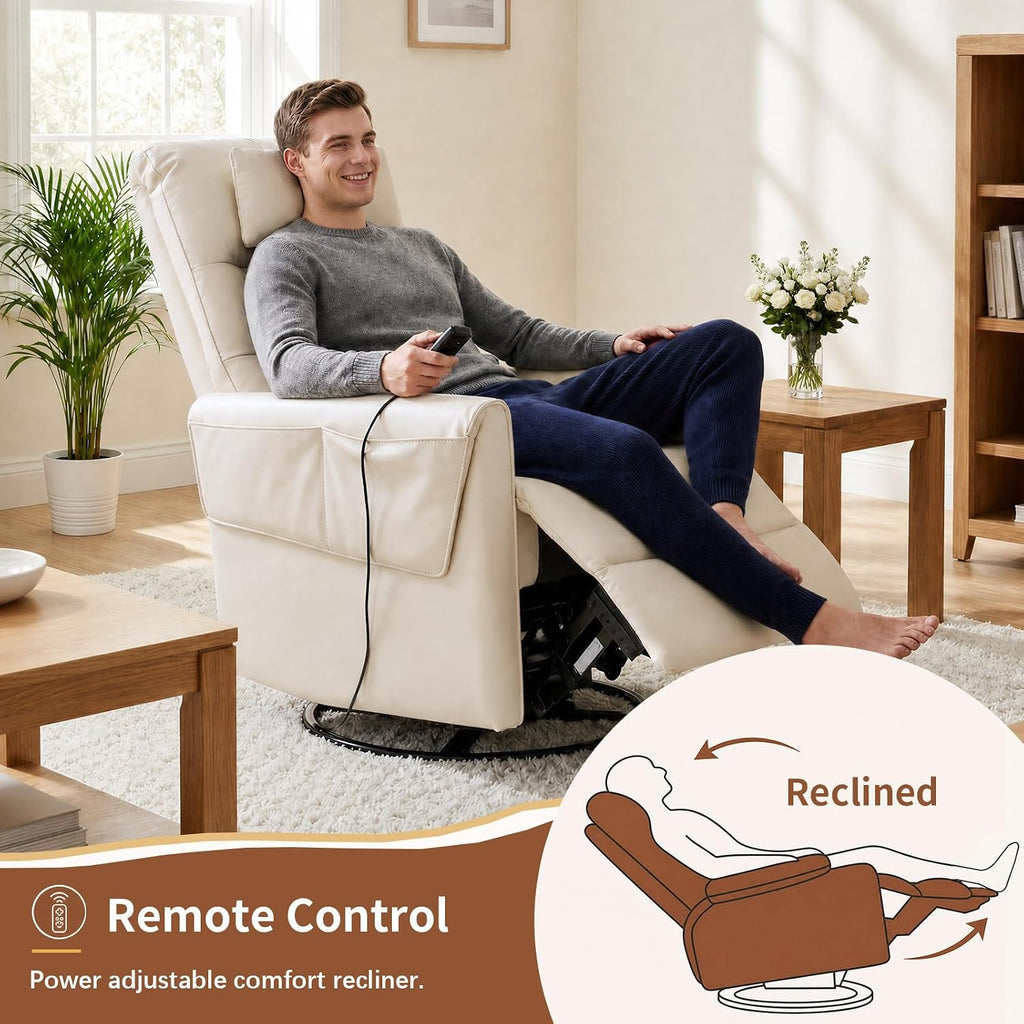 AIRSKY Genuine Leather Power Swivel Rocking Recliner Chair for Adults | Recliners for Small Spaces, Top Grain Leather, Power Glider Rocking Chair with Movable Headrest for Living Room, Beige
