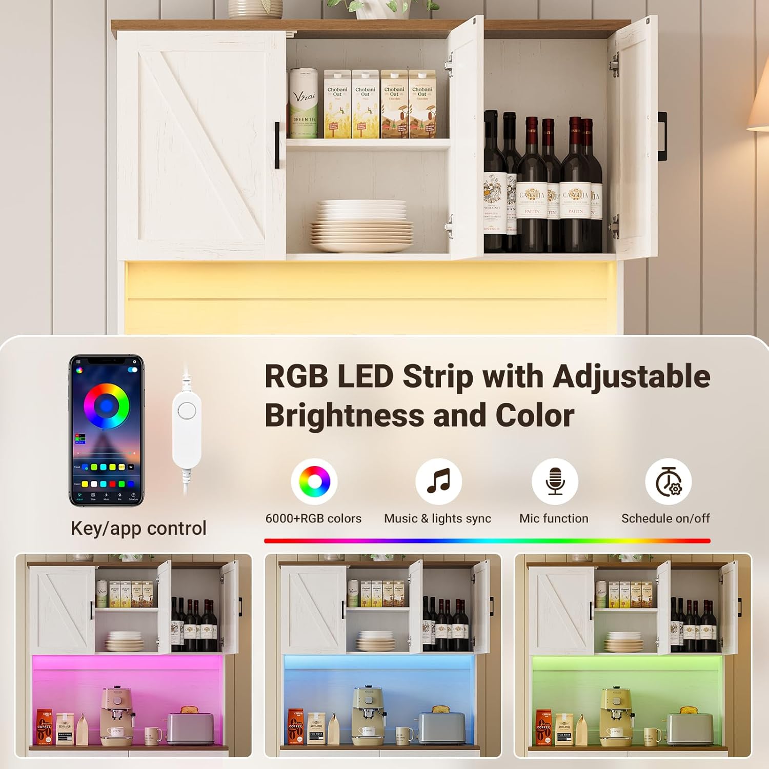 ELYKEN 71" Kitchen Pantry Cabinet with Charging Station & LED Lights, Tall Kitchen Storage Cabinet with Hutch, Farmhouse Pantry with Door Shelf & Pull Out Shelf for Dining Room Kitchen, White
