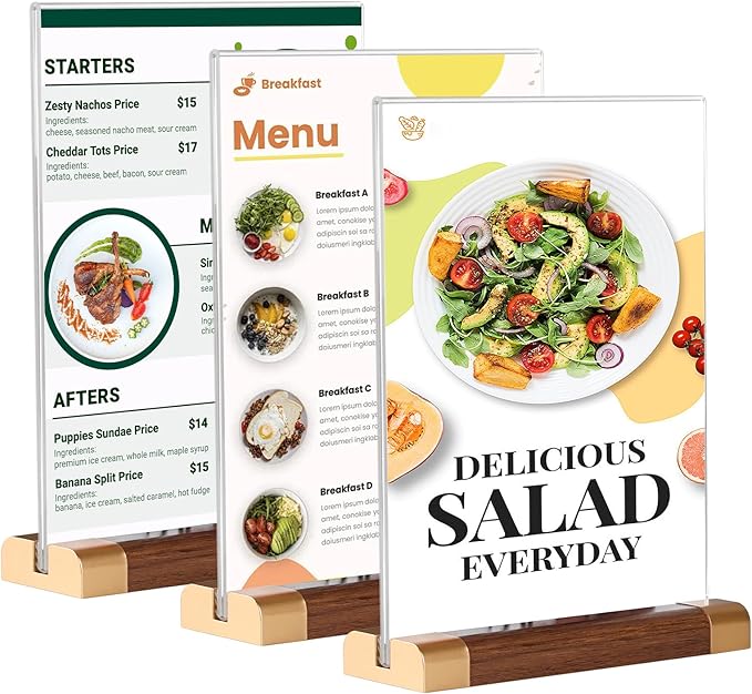 8.5 x 11 Inch Acrylic Sign Holder with Wood-Color Base 3 Pack, Acrylic T Shape Tabletop Double-Sided Display Sign Frame Vertical Clear for Store/Coffee Shop/Restaurant Menu Hotel Display Holder