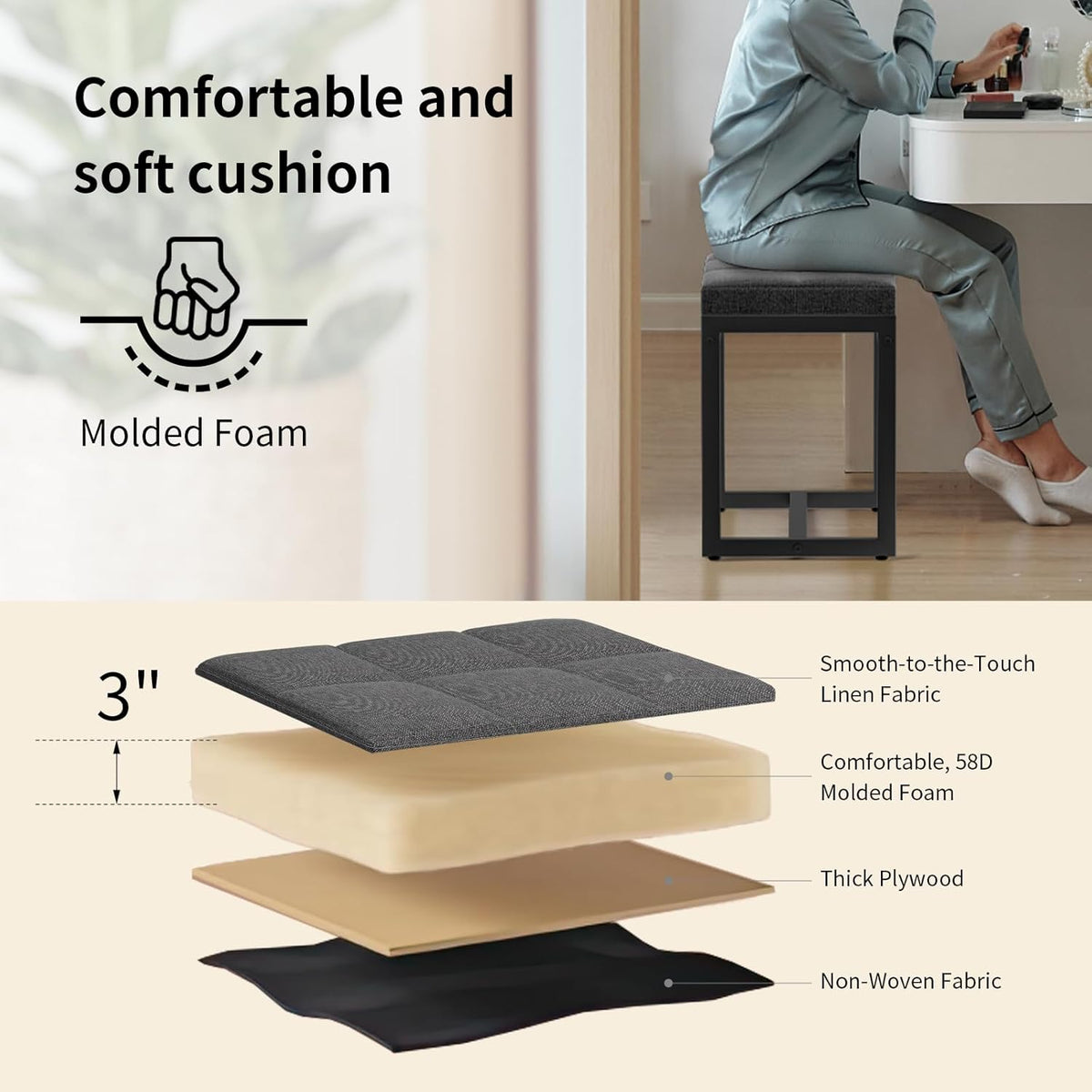 Vanity Stool, Vanity Chair Stools for Makeup Room, Square Linen Makeup Stool for Vanity, Modern Padded Vanity Bench Small Ottoman Foot Rest Stool for Bedroom Living Room, Dark Grey & Black