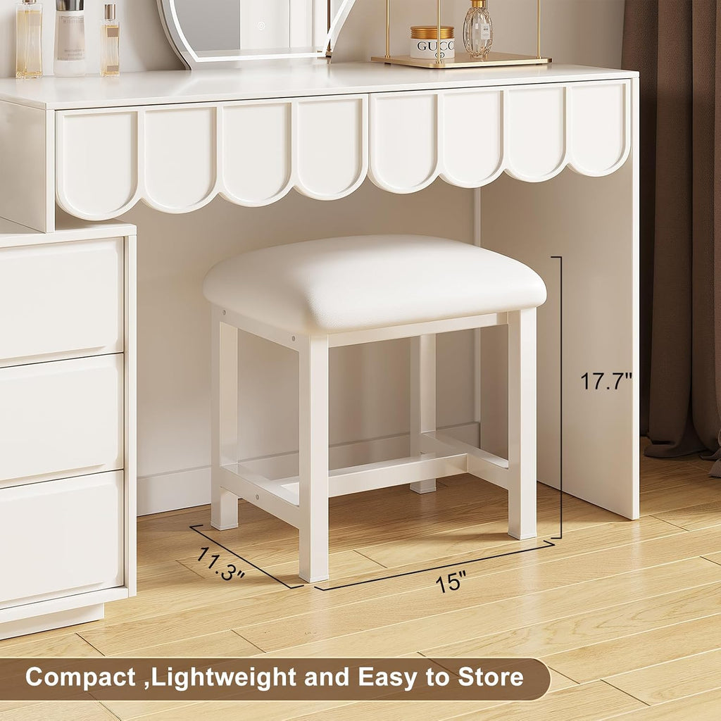 White Vanity Stool, Small Vanity Chair, Makeup Bench Seat for Deak | Vintage Style Vanity Bench Seat, Backless Stools for Vanity Compact, Stool for Bedroom, Bathroom, Entryway, Living Room