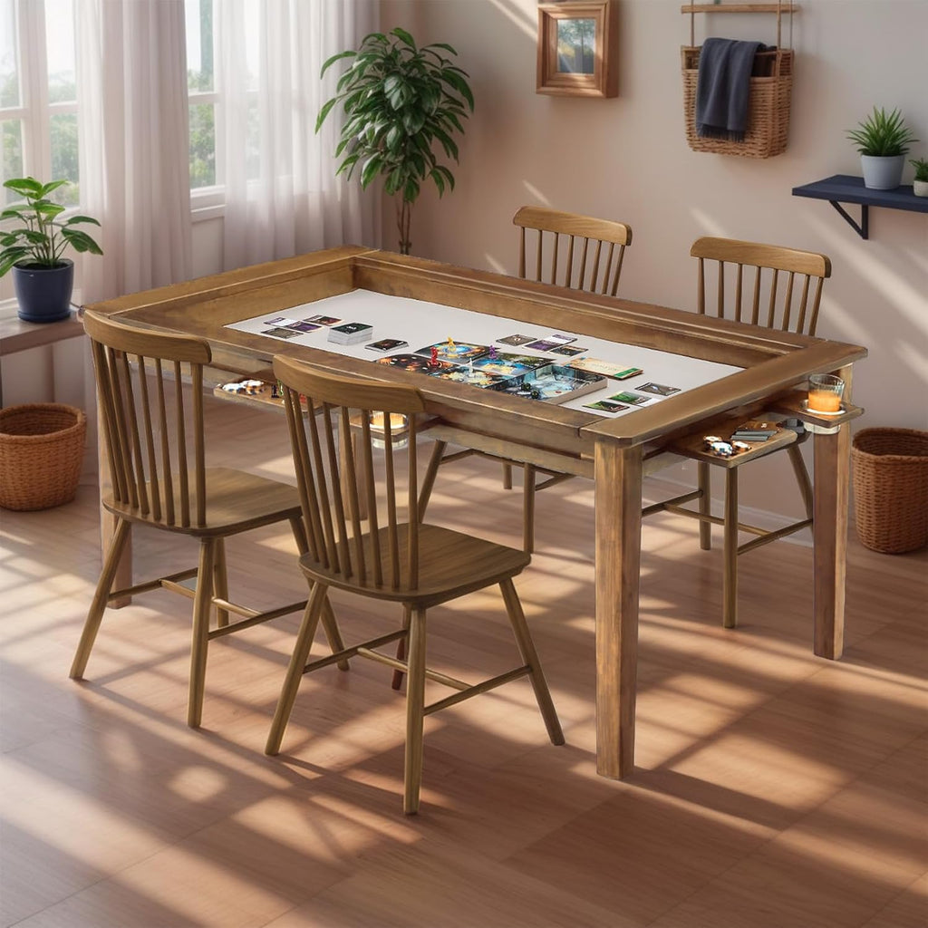 Coperat Solid Wood Board Game Table for 4-6 Players,Dining/Gaming Table w/ 54"x31" Big Gaming Space and Removable Top,Includes Game Mat, 6 Cup Holders & Hobby Tray, Light Walnut