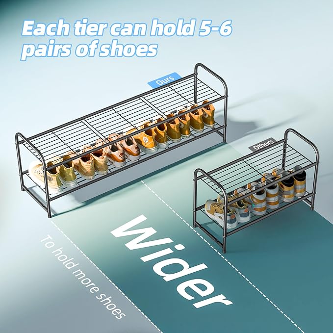 2 Tier Shoe Rack for Closet, 44 Inch Extra Long Shoe Storage Organizer for Shelves, Heavy Duty Metal, Easy Assembly, Black