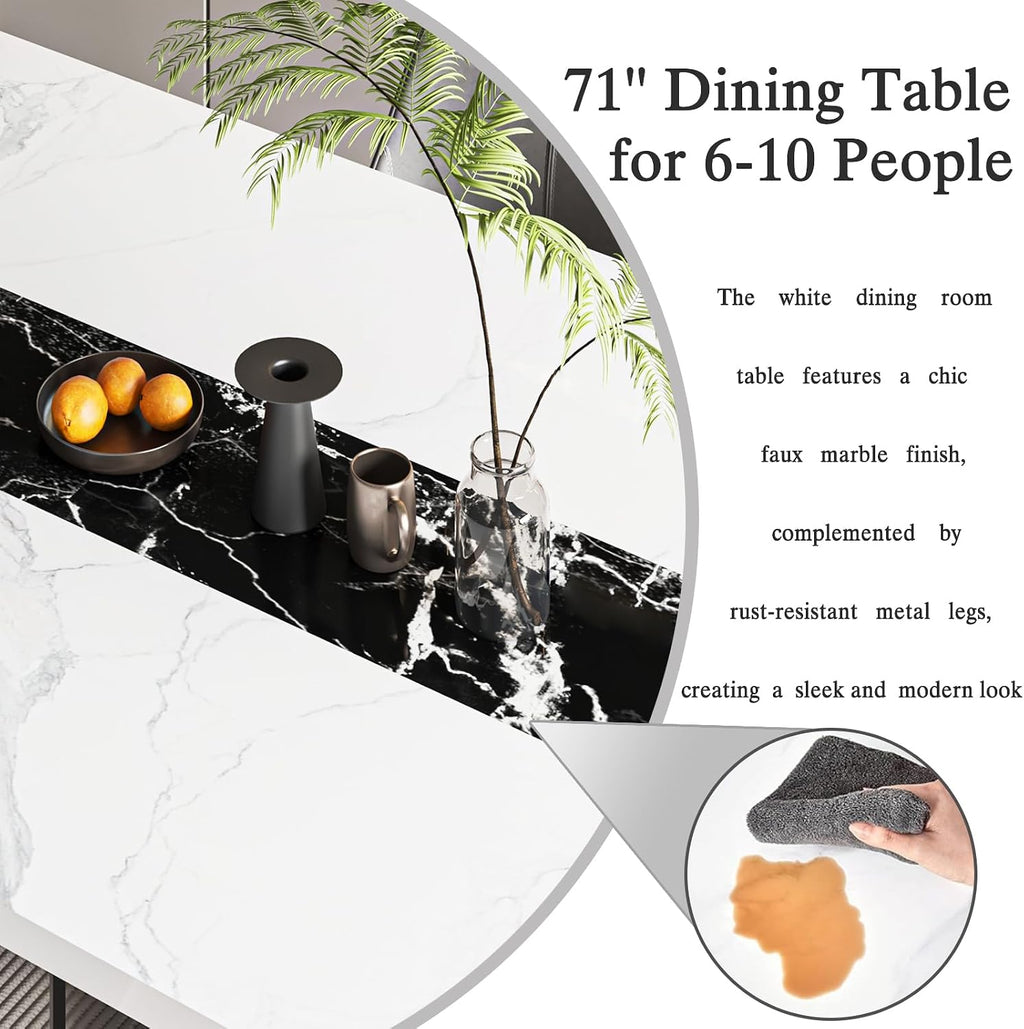 JassmiPkwy 71 Inch Dining Table for 6 8 10 People, Rectangular Faux Marble Kitchen Dining Table Wooden, Modern Large Tabletop and Metal Adjustable Feet, White