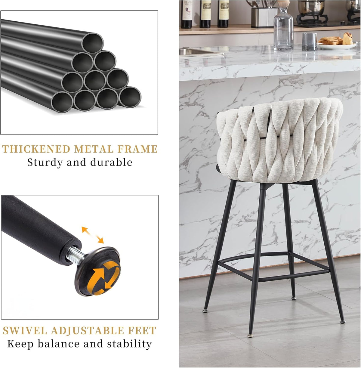 BFZ Swivel Bar Stools Set of 3, 26" Counter Height Barstools, Beige | Fabric, Upholstered Seat, Woven Backrest, Metal Frame, Mid-Century Modern, For Kitchen Island