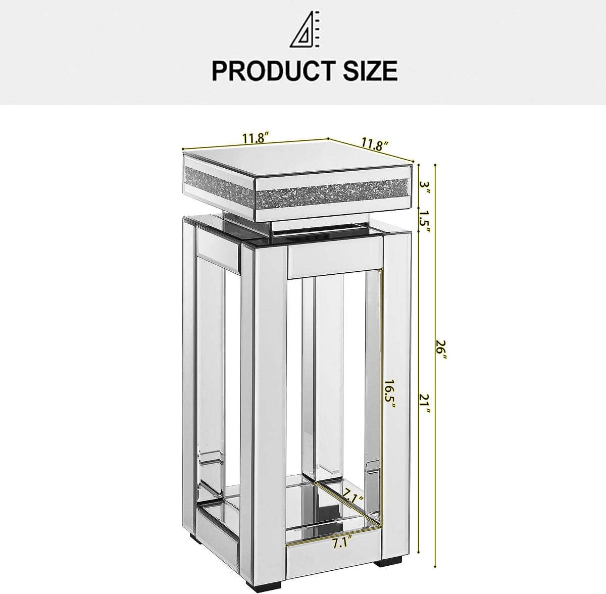IKIFLY Mirrored Nightstand with Storage, Silver End Table with Square Tabletop, Accent Beside Table with Crushed Diamond for Living Room, Bedroom and Office