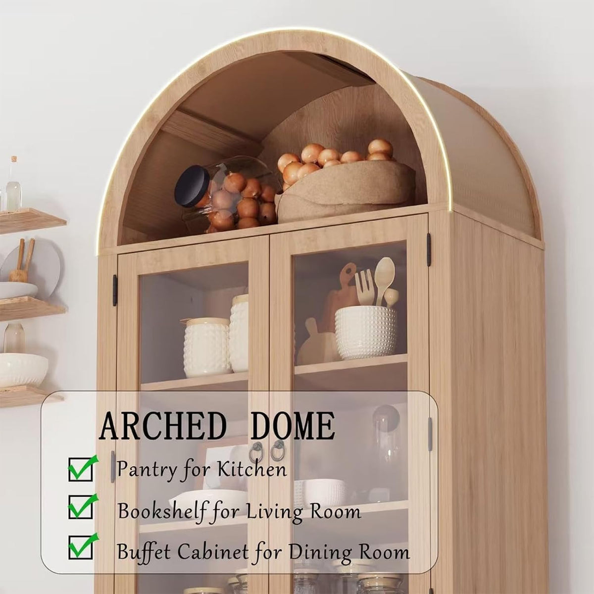 Patikuin Tall Arched Cabinet, Arched Pantry Cabinet with 4 Doors & 6 Open Shelves, 71 Inch Farmhouse Kitchen Arched Cabinet for Living Room, Dining Room, Kitchen Bathroom