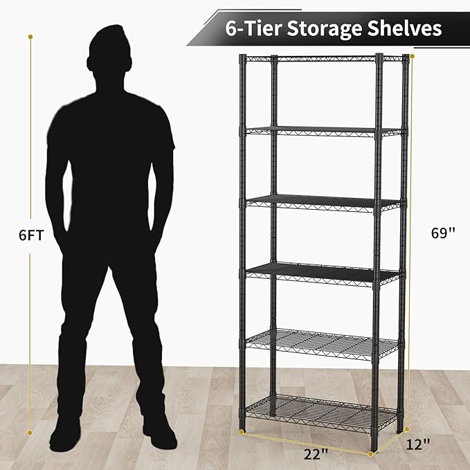 6 Tier Adjustable Storage Shelves,Heavy Duty Metal Utility Shelf 900LBS Capacity,Wire Shelving Unit Organizer Rack for Home,Kitchen,Office,Bathroom,Pantry Room,12" D x 22" W x 69" H,Black
