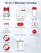 Ganiza Smoothie Blender, 900W Blenders for Shakes and Smoothies, 15-Piece Personal Blender and Grinder Combo for Kitchen, Smoothies Maker with 4 BPA-Free Portable Cup, Nutritious Recipe Red