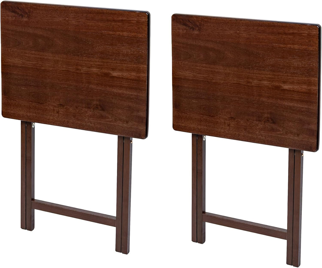 Modern Indoor Folding Tray Table Set of 2, Walnut Finish, Solid Rubberwood, 19 x 14.5 x 26 Inches, Lightweight & Easy to Move, Space-Saving Storage