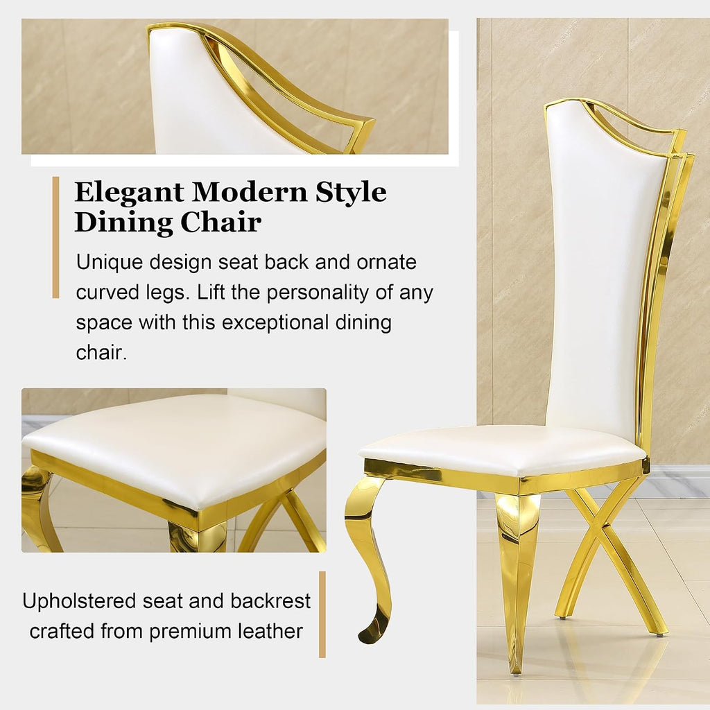 Luxury Dining Chairs Set of 4, Modern White Leather Upholstered Kitchen Chairs with High Backrest & Gold Stainless Steel Legs, Mid Century Accent Chairs for Living Room, Kitchen
