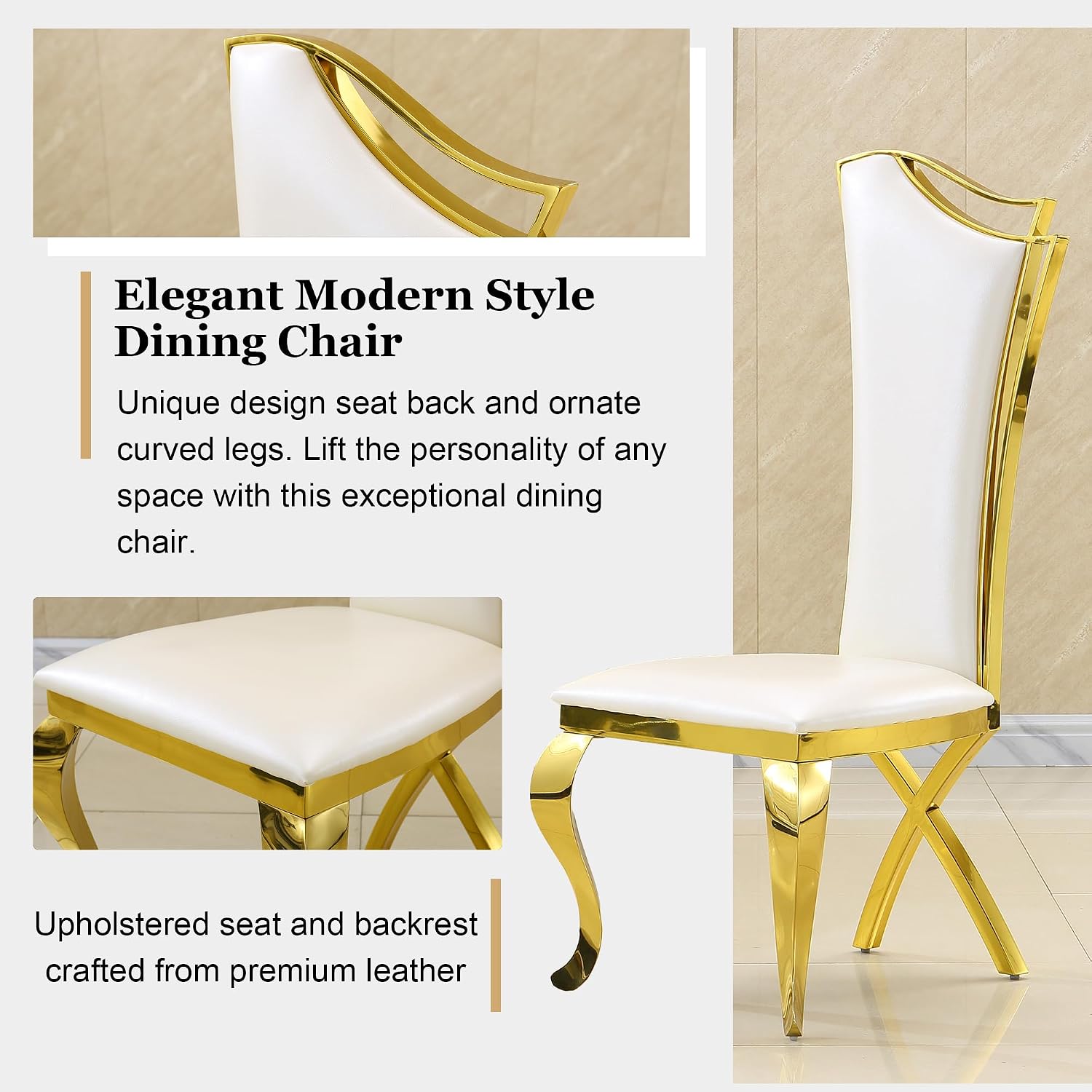 Luxury Dining Chairs Set of 4, Modern White Leather Upholstered Kitchen Chairs with High Backrest & Gold Stainless Steel Legs, Mid Century Accent Chairs for Living Room, Kitchen