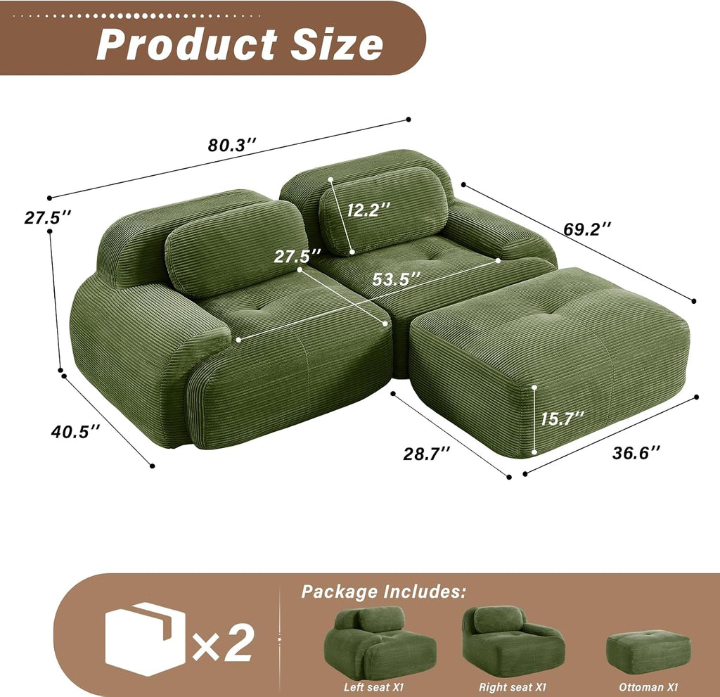 SoarFlash 81” Sectional Cloud Sofa Couches for Living Room-2 Seater L-Shaped Modern Lounge Couch-No Assembly Modular Corduroy Convertible Sponge Sleeper Sofas with Chaise for Home House,Green
