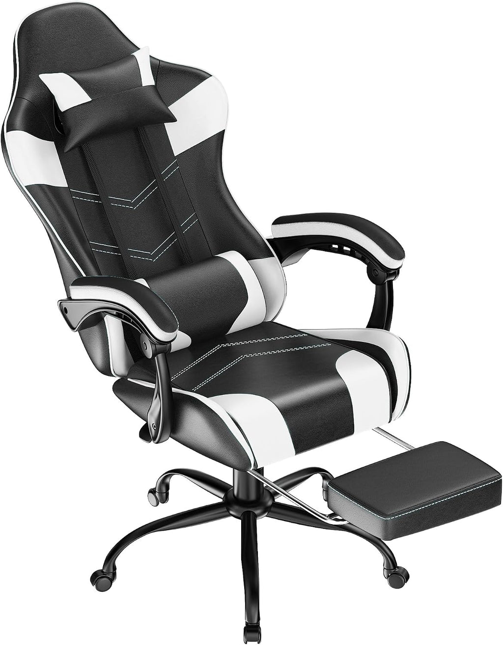 Gaming Chair with Footrest, Ergonomic Video Game Chair for Adults, White | PU Leather, Headrest and Lumbar Support, Height Adjustable 360° Swivel High Back Reclining Computer Chair for Home Office