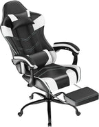 Gaming Chair with Footrest, Ergonomic Video Game Chair for Adults, White | PU Leather, Headrest and Lumbar Support, Height Adjustable 360° Swivel High Back Reclining Computer Chair for Home Office