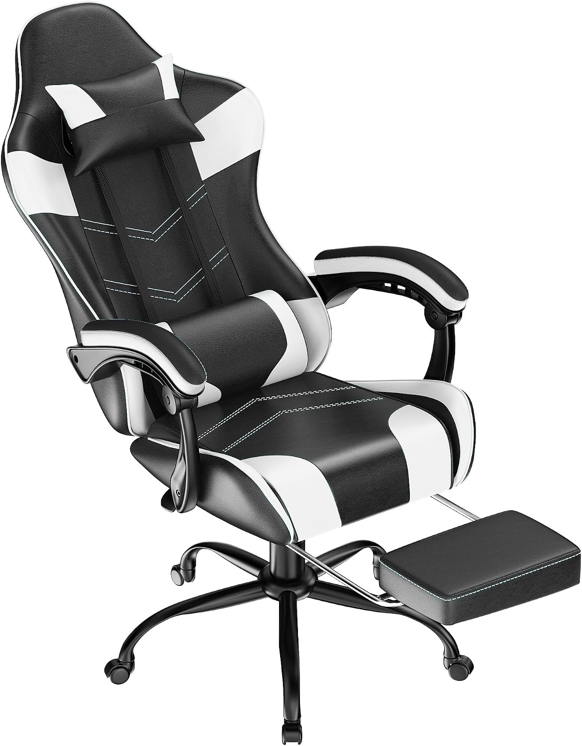 Gaming Chair with Footrest, Ergonomic Video Game Chair for Adults, White | PU Leather, Headrest and Lumbar Support, Height Adjustable 360° Swivel High Back Reclining Computer Chair for Home Office