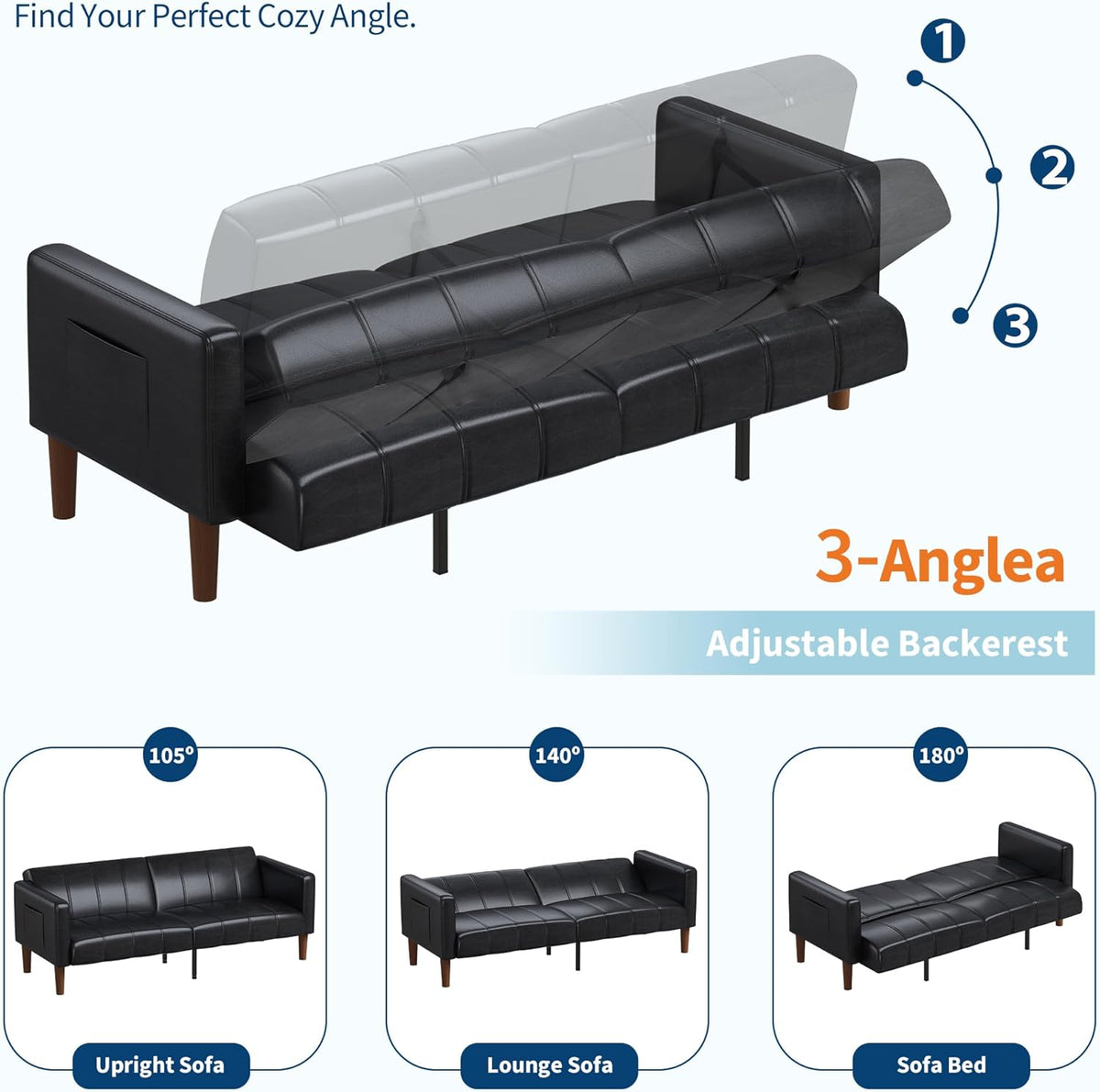 75 in Futon Sofa Bed, Faux Leather Convertible Couch with Adjustable Backrest, Side Pocket, Mid Century Modern Loveseat Sleeper Sofa for Living Room, Bedroom, Apartment, Small Spaces, Black