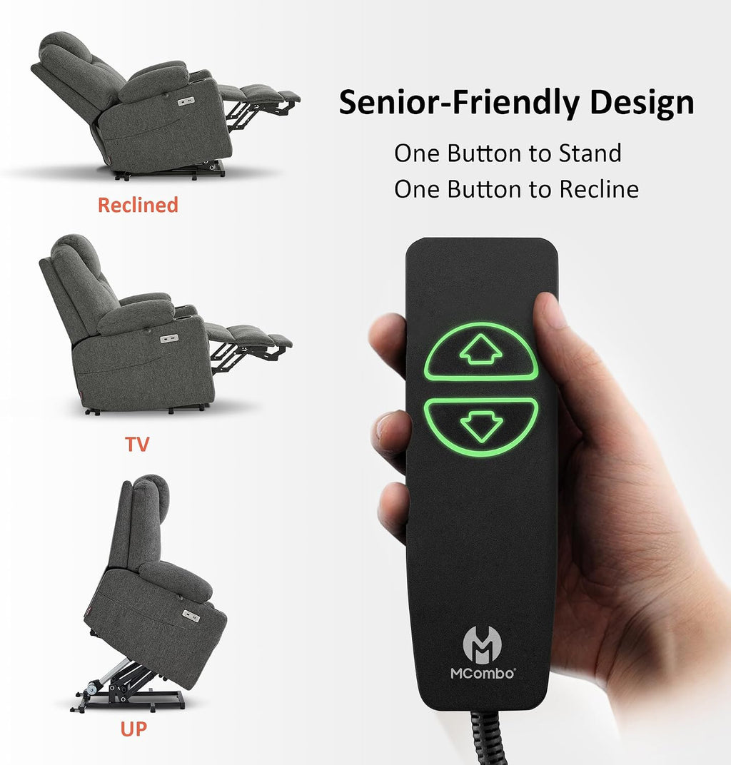 MCombo Power Lift Recliner Chair for Elderly 7040(Grey, Medium) | Heat and Massage, Breathable Fabric, USB& Type C Charging Port, FSC Certified