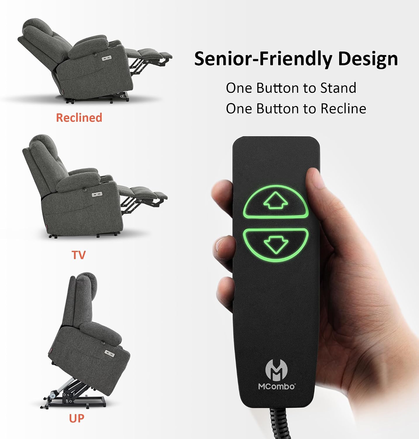 MCombo Power Lift Recliner Chair for Elderly 7040(Grey, Medium) | Heat and Massage, Breathable Fabric, USB& Type C Charging Port, FSC Certified