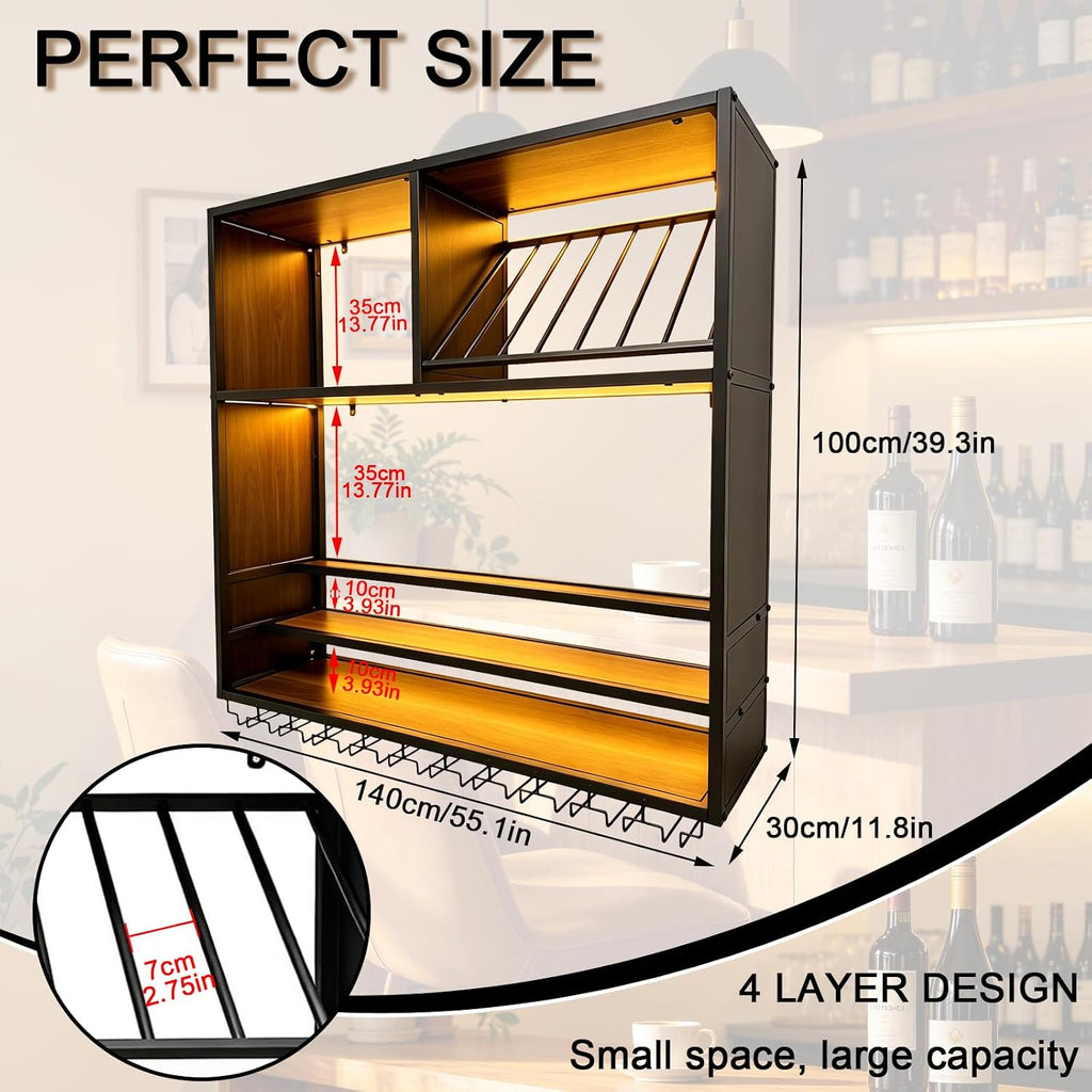 55in Large Wall Mounted Wine Rack with LED Light, 4 Tier Iron Liquor Bottle Display Storage, Modern Wood Floating Bar Shelf with Wine Glass Holder, for Home Bar, Kitchen, Cafe Liquor Shelves