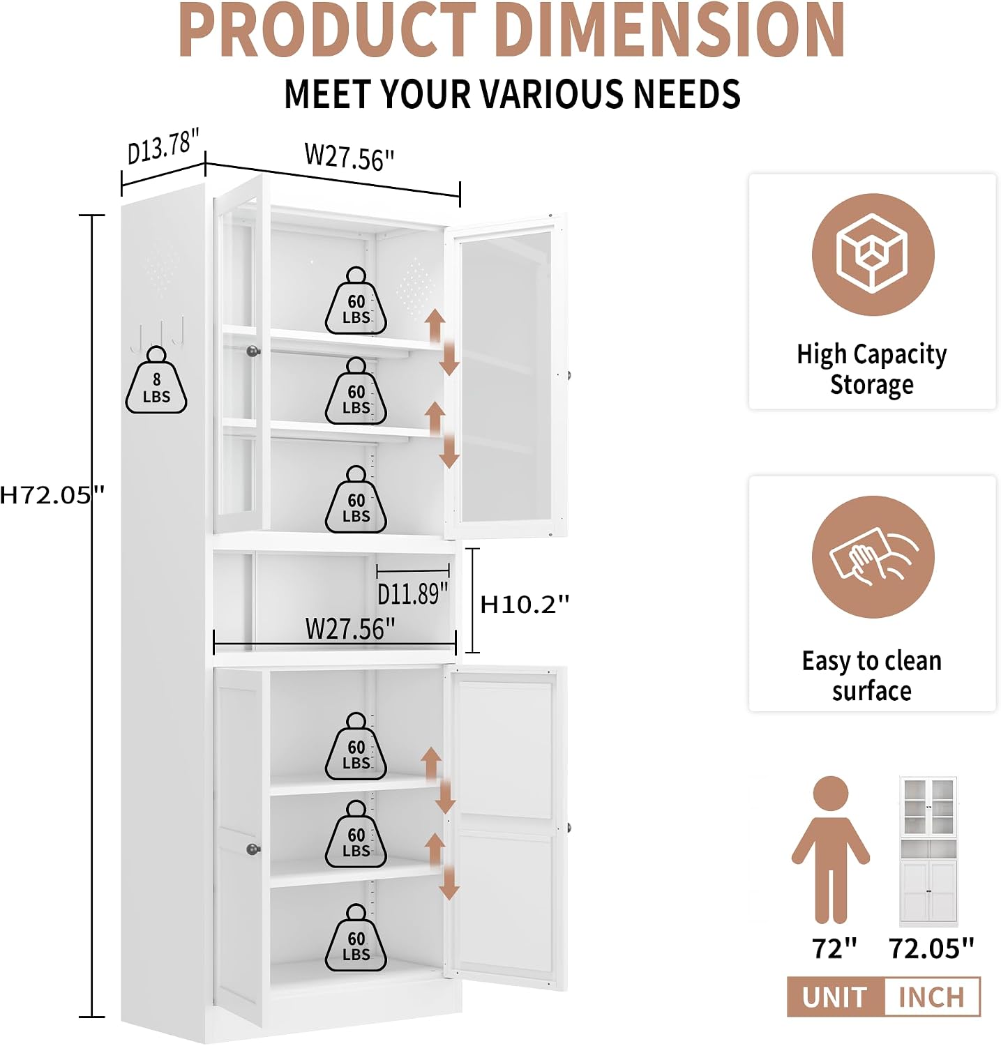 72" White Metal Kitchen Pantry Cabinet with Adjustable Shelves - Heavy Duty Stainless Steel Freestanding Storage for Kitchen, Pantry & Bathroom