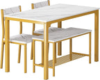 soges 4 Person Dining Table Set,43.3 inch Kitchen Table Set for 4,2 Chairs with Backrest,2-Person Bench with Storage Rack,Nesting Furniture Set for Dining Room and Restaurant, White Gold