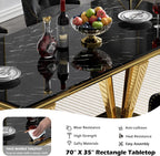 68" Faux Marble Dining Table Set for 6, Black Gold Dining Room Table with Stainless Steel Pedestal & 6 Black Velvet Dining Chairs, Modern Kitchen Table Chairs Set of 6, Luxury 7 Piece Dining Sets