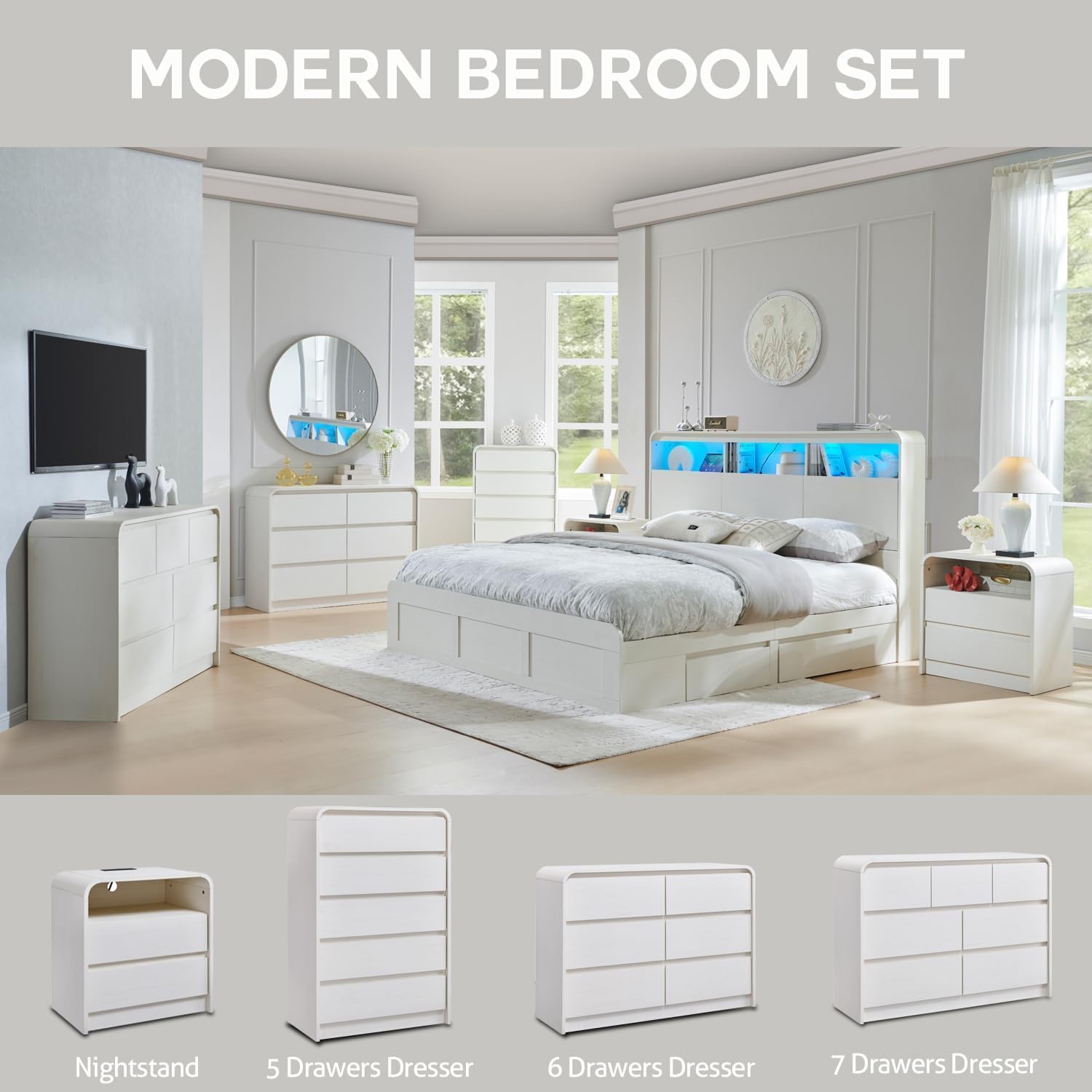 Aitjunz 25" Tall Modern Nightstand, Wood Curved Bedside Table, White