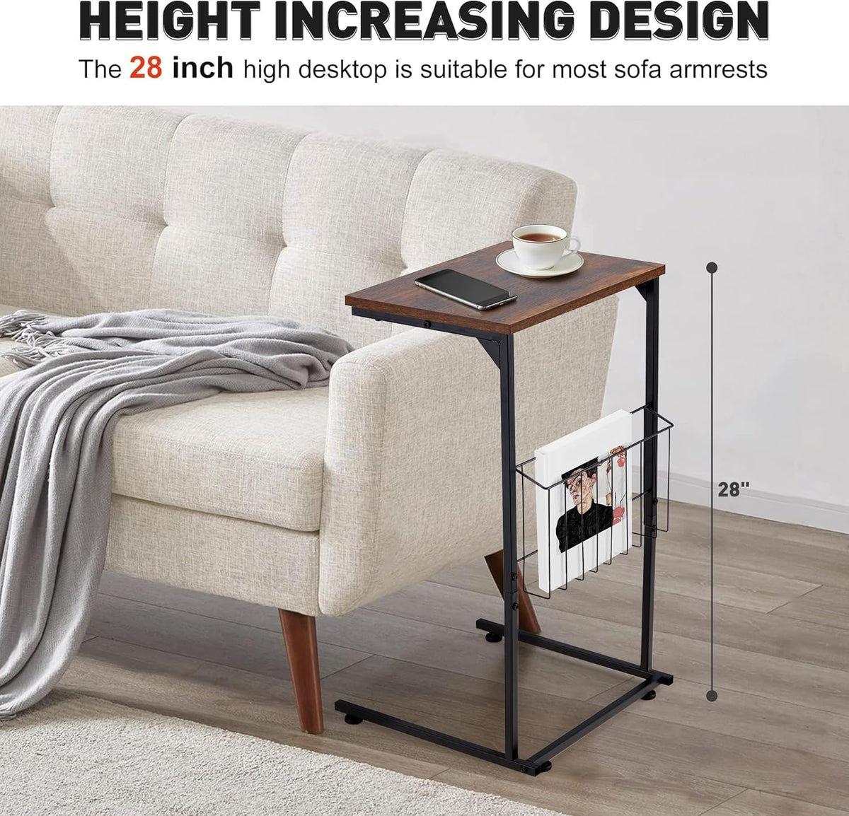 HOMREST End Table, Small Narrow Sofa Table for Couch and Recliner,C Shaped Side Table with Metal Storage Frame,Stable Coffee Tables for Living Room, Bedroom, Bedside,Wooden Desktop (Rustic Brown)