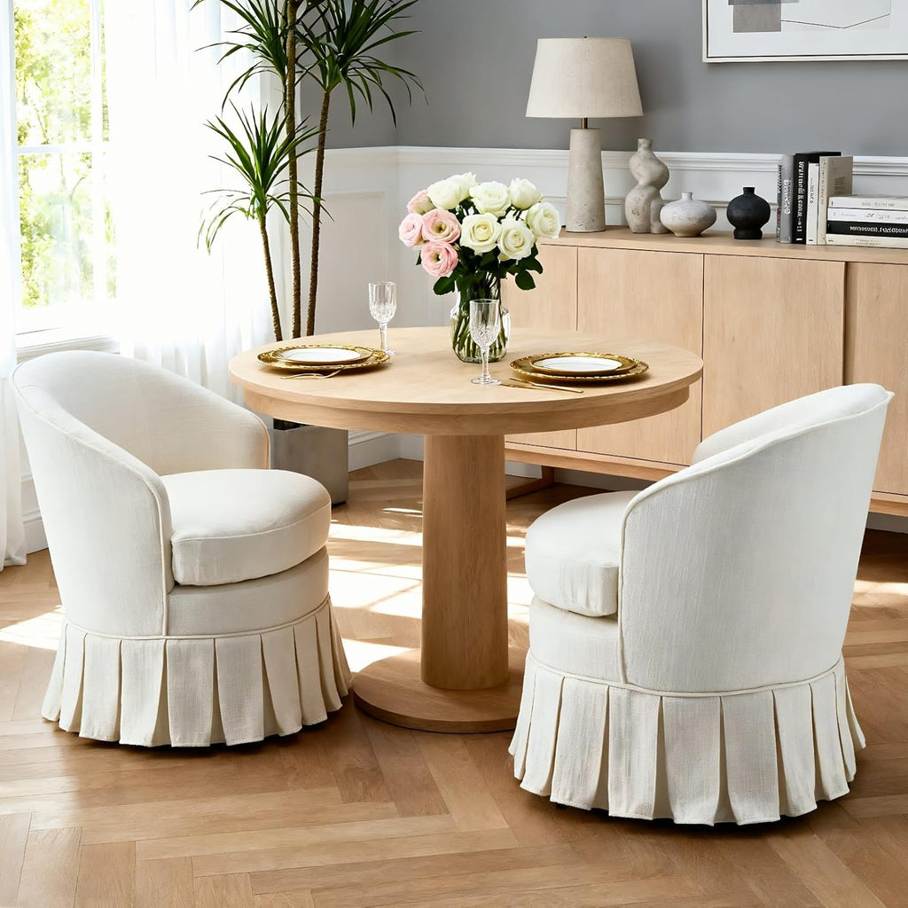 chairus Upholstered Dining Chairs Set of 2, Linen Barrel Dining Room Chairs with Pleated Skirt & Metal Legs, Modern Farmhouse Slipcovered Side Kitchen Chairs, Cream White