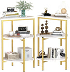 AWQM Marble Side End Table Set, 3-Tier Sofa Side Table, Small Round Coffee, Table Bedside Table of 2, Corner Table w/Metal Frame for Living Room Bedroom, White+Gold