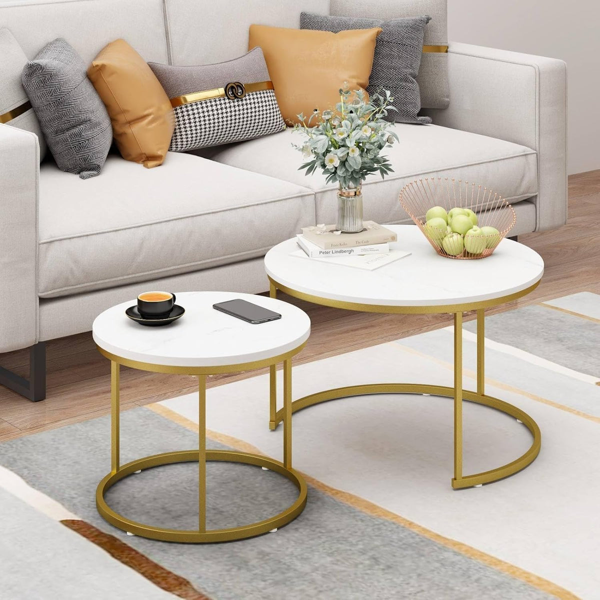 Nesting Coffee Table Set of 2, Round Tables with Marble Pattern MDF Top | Space-saving nested design, 120 LBS load capacity, luxury marble-look finish, gold metallic base, quick 10-min assembly