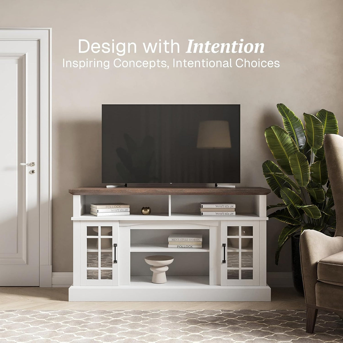 BELLEZE 58 Inch TV Stand, Rustic Wood Entertainment Center for TVs up to 65", Contemporary Media Console Table with Two Open Shelves and Glass Door Cabinets - Astorga (White)