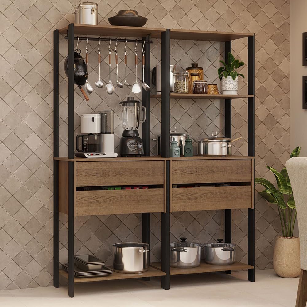 Madesa Kitchen Pantry Storage Rack with 4 Drawers, 5 Shelves and Hanging Space 55" L Multiuse Modular Cabinet for Kitchen Organization - Black/Brown