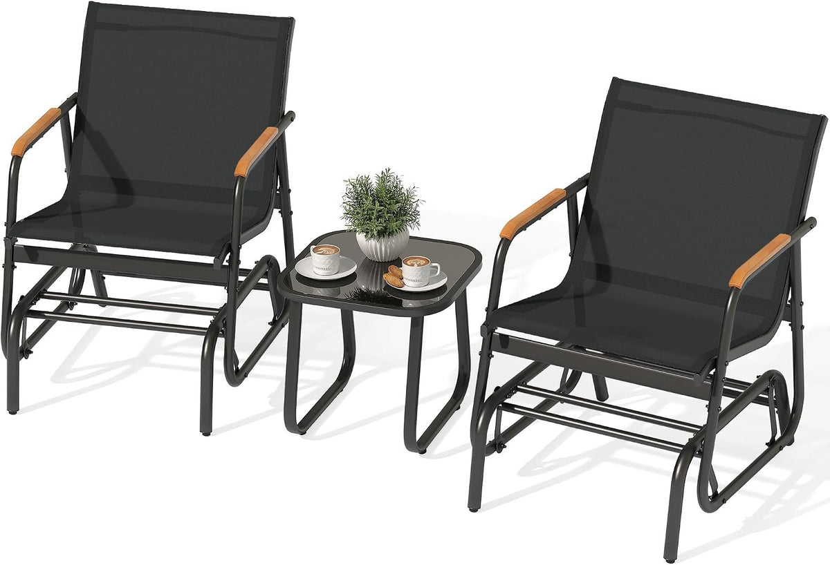 YITAHOME 3 Piece Patio Glider Set Textilene Gliders Outdoor Furniture Black | Heavy-duty Patio Glider Set w/Breathable Fabric, Smooth Gliding, Wooden Armrest, Tempered Glass Table, Easy Assembly Cleaning