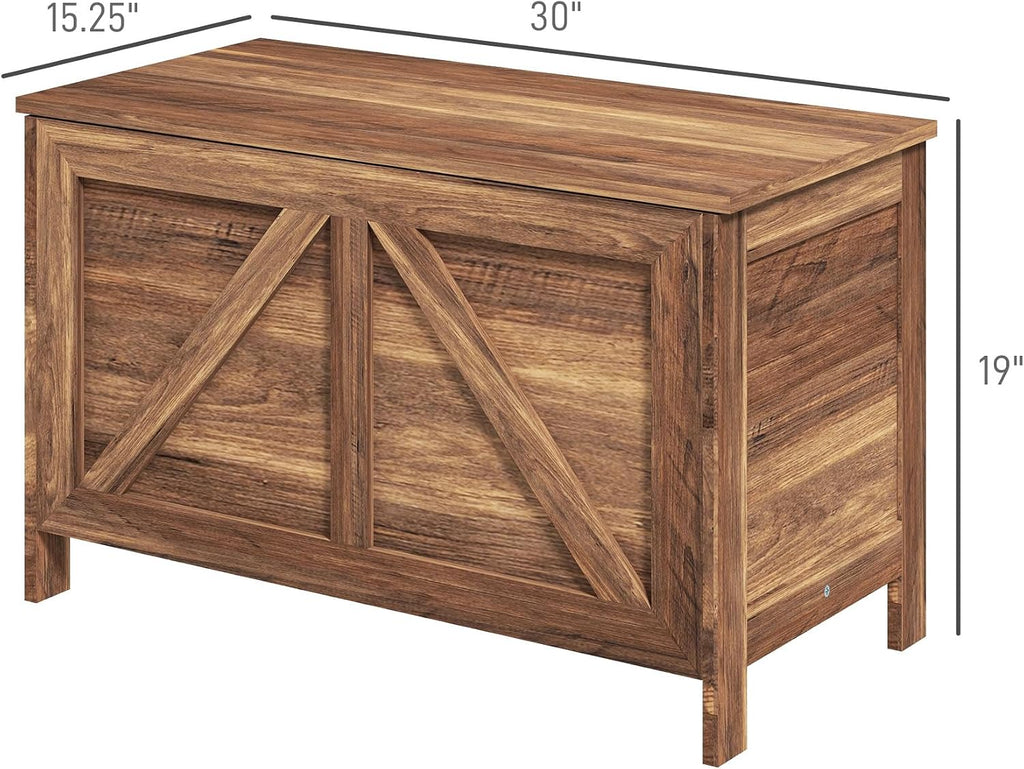 HOMCOM 30" Farmhouse Storage Bench Lift Top Storage Chest in Brown Oak | Safety Hinge, Open Up 100°, Wooden Trunk, Bedroom, Entryway, Living Room