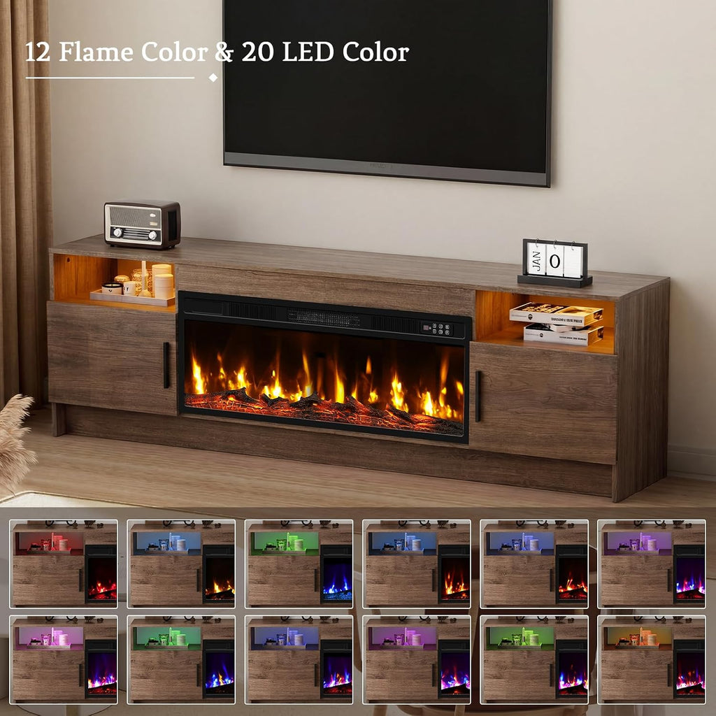 Kucreiheat Fireplace TV Stand for 65-80 inch TV, Large Entertainment Center with Fireplace & LED Lights,High Gloss Living Room Storage Cabinet,Walnut, 70''(Log)