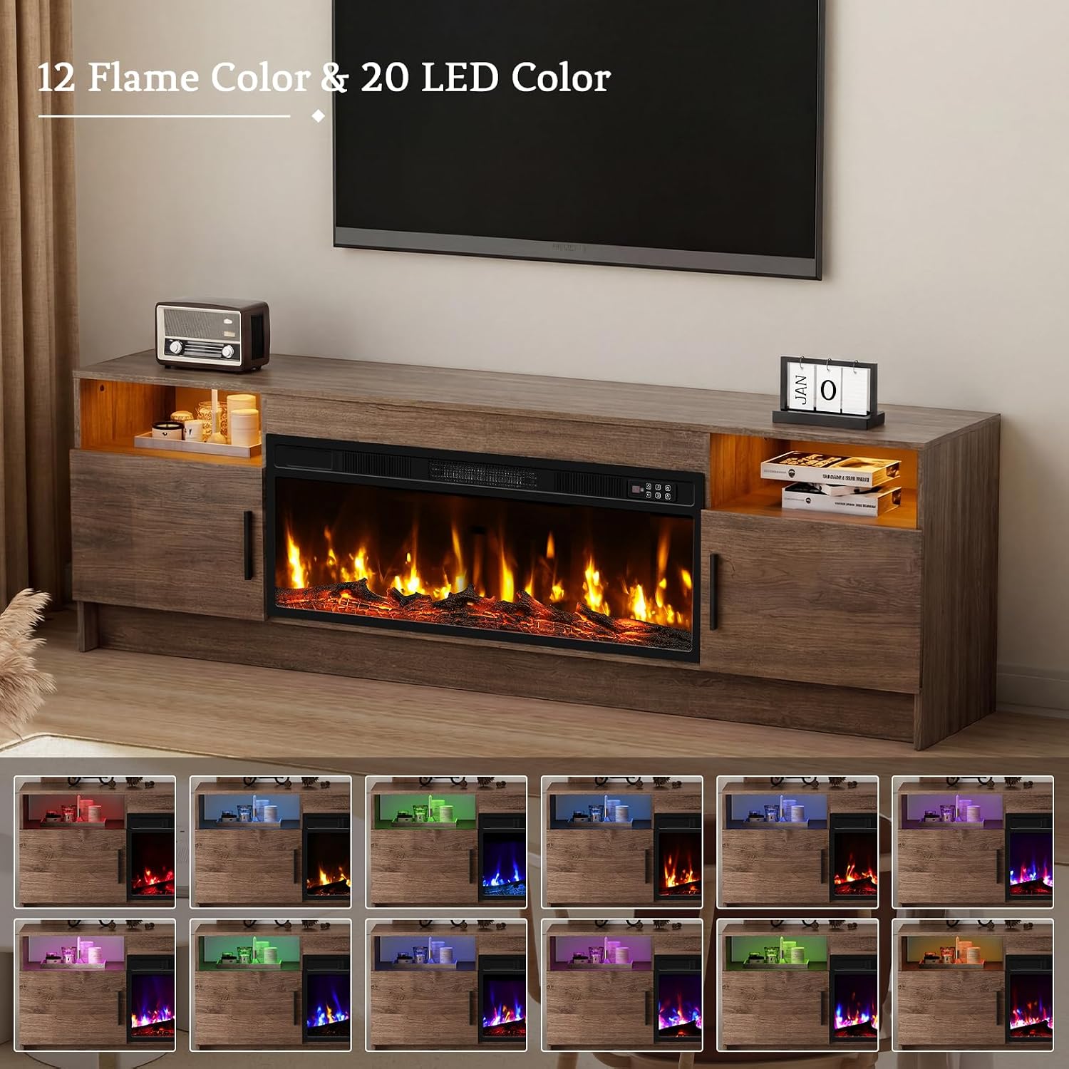 Kucreiheat Fireplace TV Stand for 65-80 inch TV, Large Entertainment Center with Fireplace & LED Lights,High Gloss Living Room Storage Cabinet,Walnut, 70''(Log)