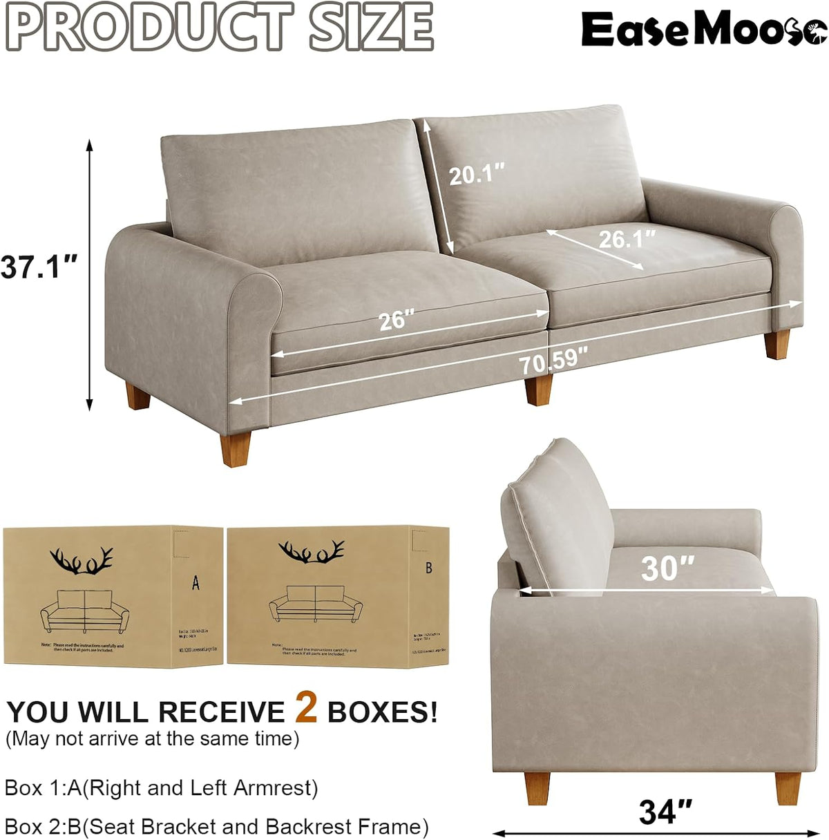 EASE MOOSE 70.6" Faux Leather Loveseat Sofa, Deep 2 Seater Couch, Greige | Removable Covers, Pocket Spring Cushions, Waterproof & Scratch-Resistant, Easy Clean, Easy Assembly Couches for Living Room