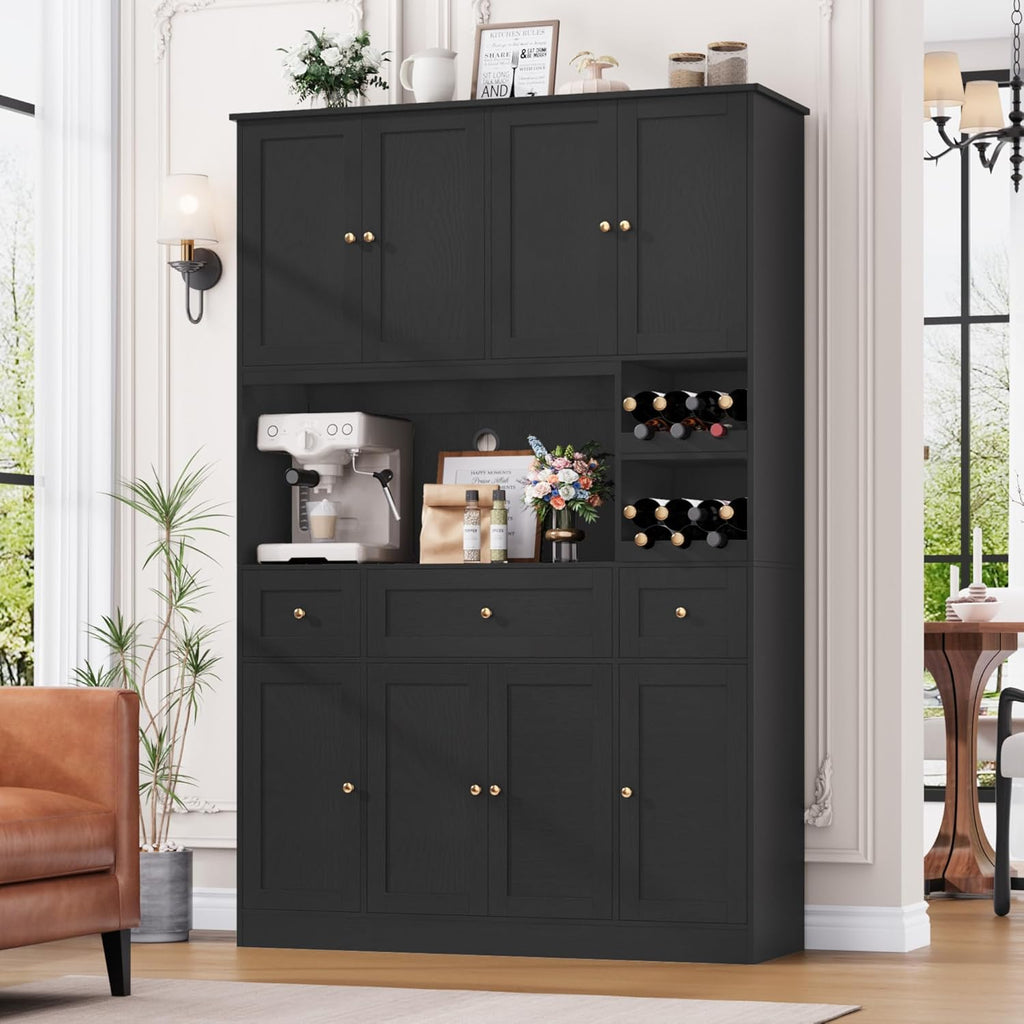BOTLOG 72" Tall Black Pantry Cabinet with Wine Rack, Microwave Stand | Kitchen Hutch with 8 Doors and 3 Drawers for Dining Room Kitchen, Home Bar Black