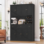 BOTLOG 72" Tall Black Pantry Cabinet with Wine Rack, Microwave Stand | Kitchen Hutch with 8 Doors and 3 Drawers for Dining Room Kitchen, Home Bar Black