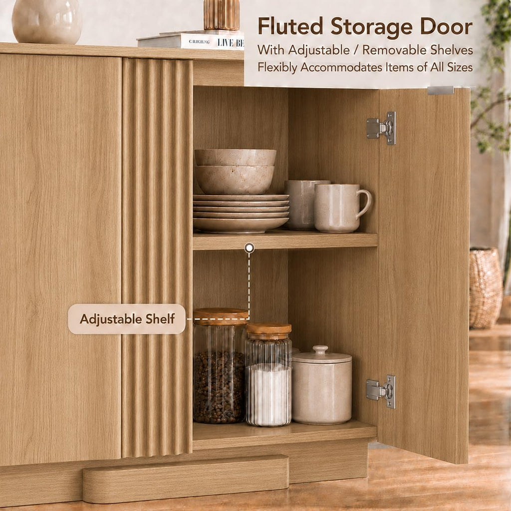 Yechen Buffet Cabinet with Storage, 55" Accent Sideboard Modern Credenza with Doors & Adjustable Shelves Fluted Media Console Wood Coffee Bar Table for Living Kitchen Dining Room