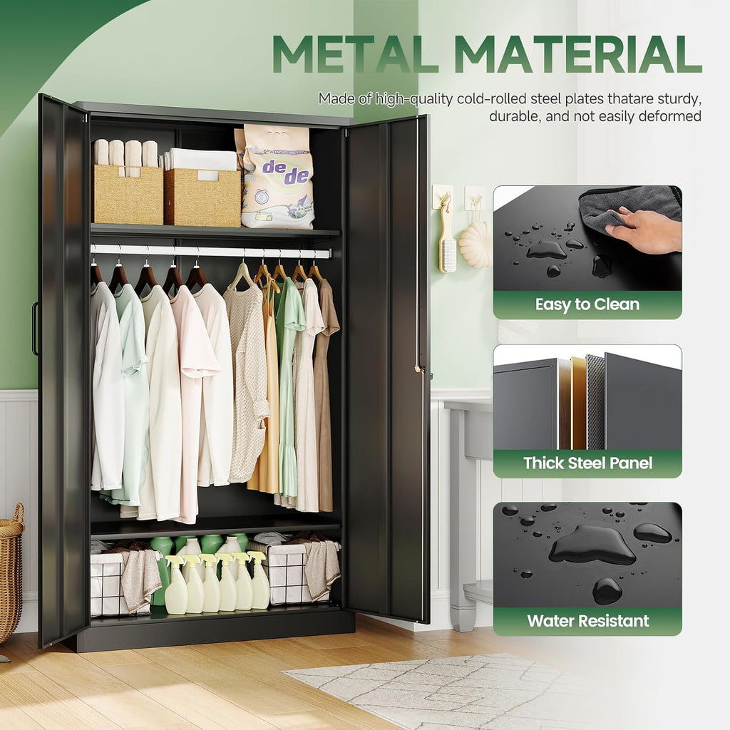 Letaya Metal Wardrobe Cabinets with Lock,Clothing Locker 72" X 36" X 18" Storage Cabinets for Home Room,Fire Department, School, Employee,Gym,Government (Black)