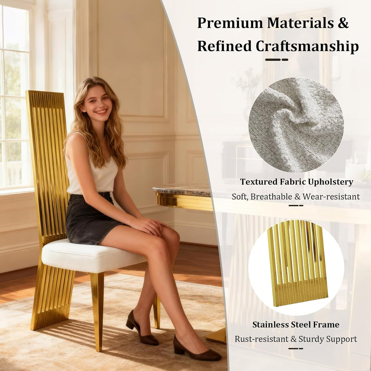 White and Gold Dining Chairs Set of 2, Upholstered Boucle Dining Room Chairs with Slatted Polished Stainless Steel High Back and Legs, Modern Luxury Kitchen Room Chairs