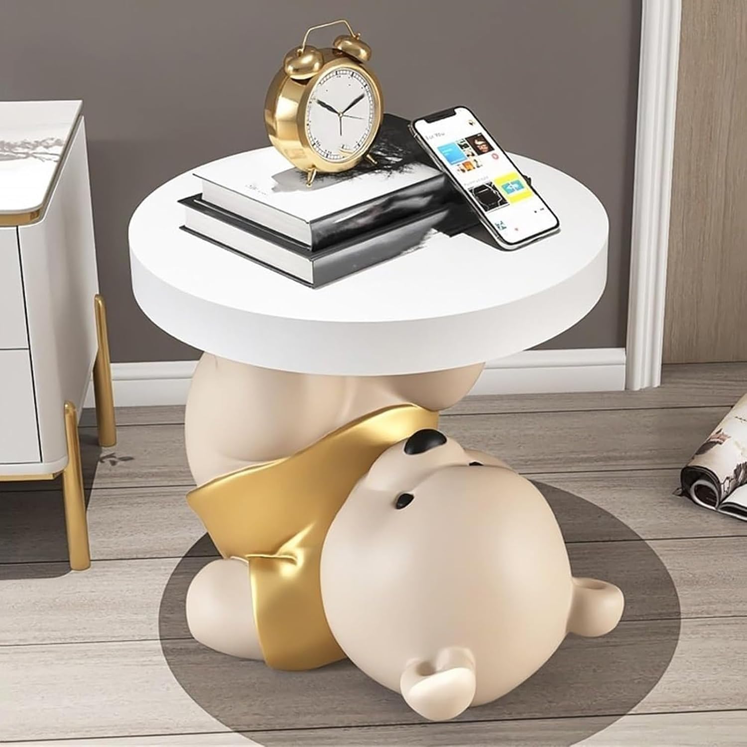 Bear Statue End Table, Round Side Table, Resin Sculpture Bedside Table, Small Space Saving Nightstand Couch Corner Stand Bedroom, Accent Table for Living Room(Gold)