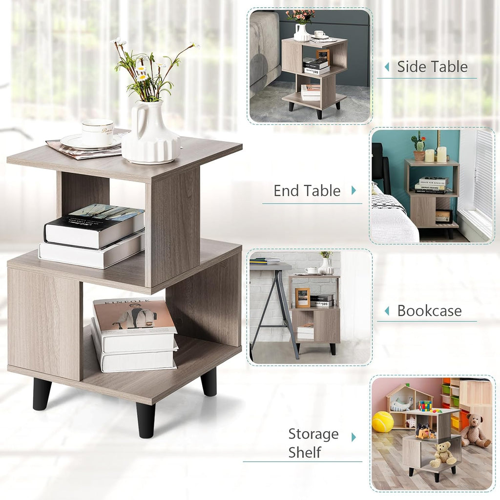 Giantex End Table, Wood Nightstand with Legs, Accent Sofa Side Table Open Storage Shelves, Small Bookcase for for Living Room Bedroom Study Room (Light Grey)