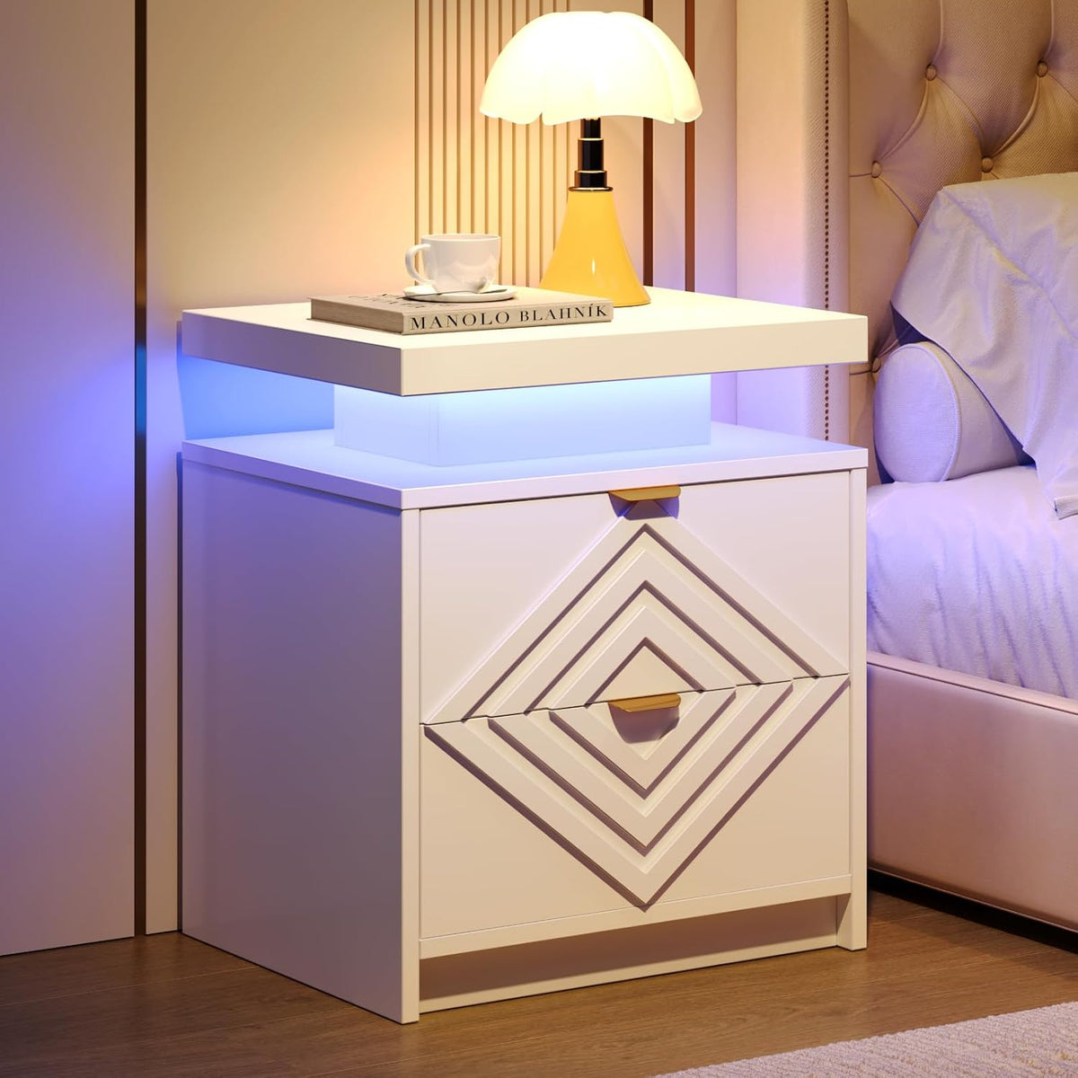 White Nightstand with Charging Station and LED Lights, Smart Night Stand, Modern Bedside Table with Drawers, RGB Lights, Power Outlets, USB and Type-C Ports, End Side Table for Bedroom Office (2)