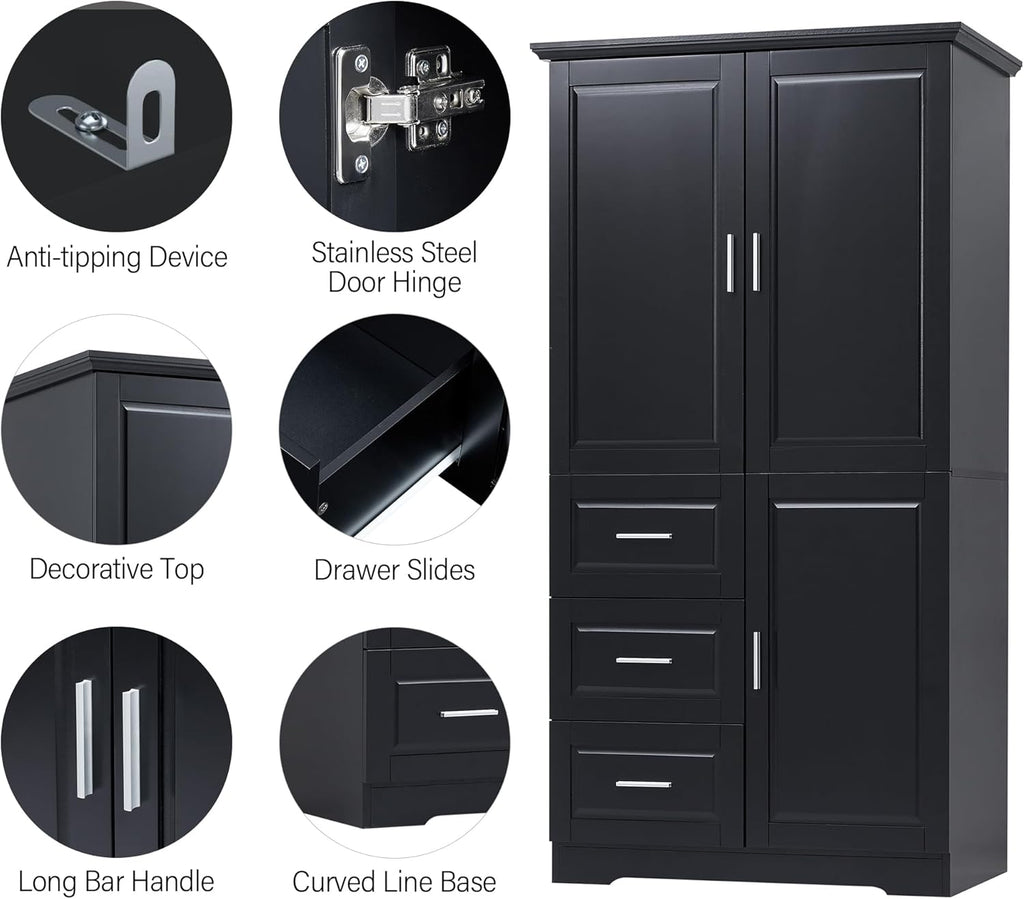 Merax 62.2" Pantry Cabinet with Three Doors & Three Drawers, Adjustable Shelves Storage Cupboard for Kitchen/Dining Room/Bathroom, Black