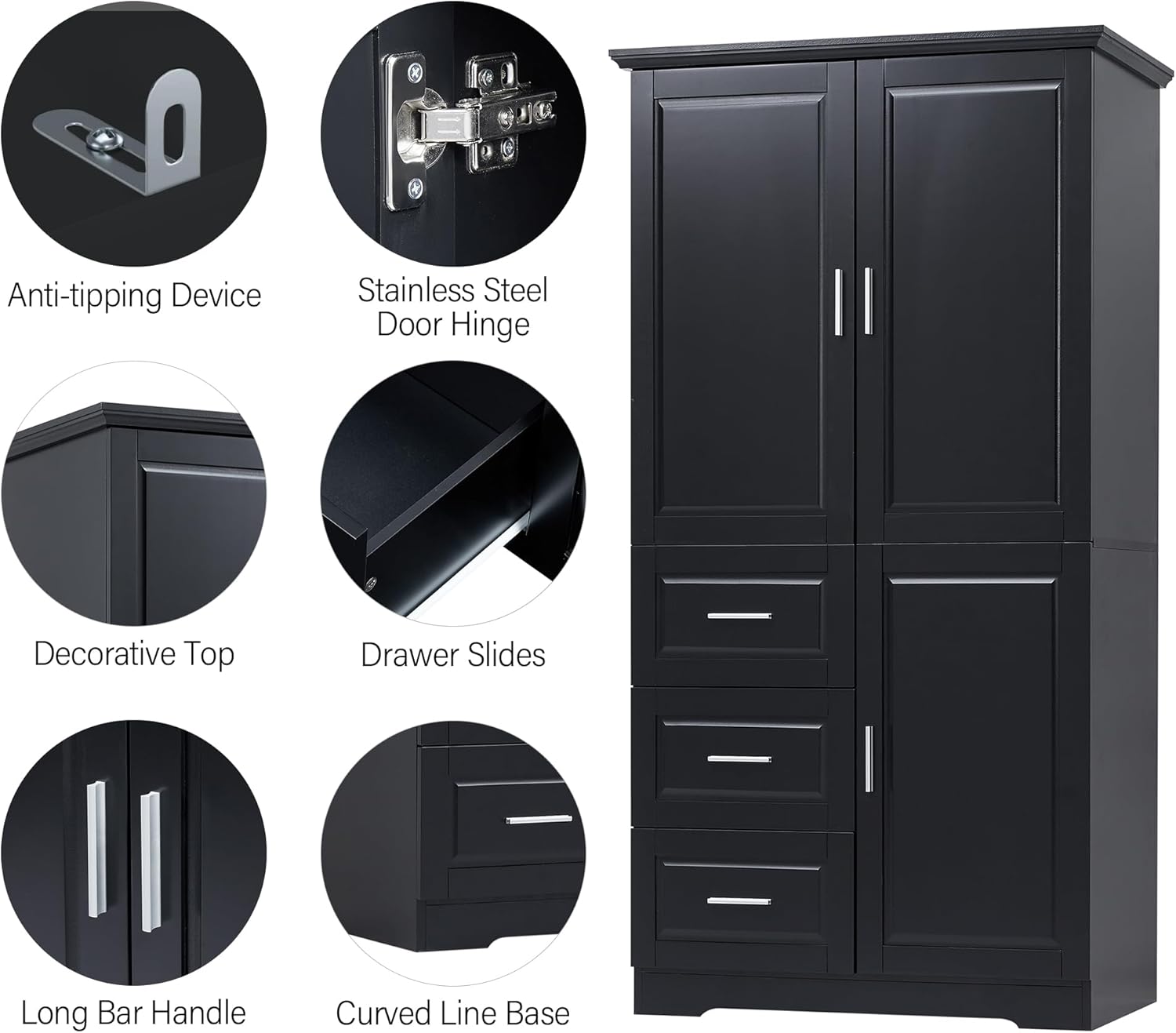Merax 62.2" Pantry Cabinet with Three Doors & Three Drawers, Adjustable Shelves Storage Cupboard for Kitchen/Dining Room/Bathroom, Black