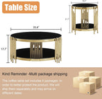 Round Glass Coffee Table Set of 3, Gold Living Room Table Set with Coffee Table and 2 End Table, 2-Tier Glass Table with Stainless Steel Legs and Black Tempered Glass for Living Room